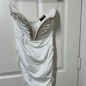 Embellished White Strapless Dress with Crystal Fringe